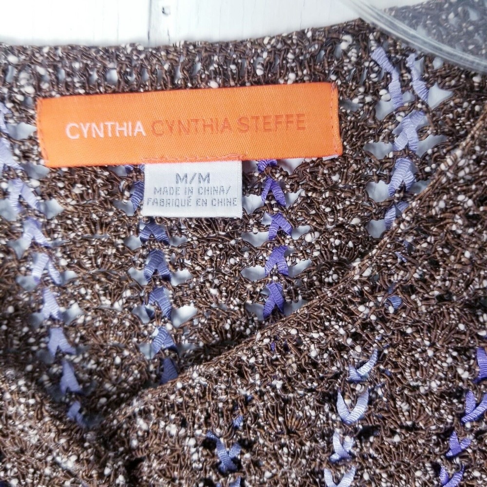 Cynthia Steffe Sweater Women Size Medium Knit Brown Cream Purple See Through - Picture 2 of 16